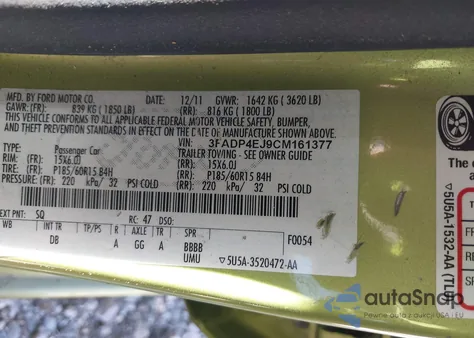 2012 Ford Fiesta Se from USA, damaged, VIN 3FADP4EJ9CM161377